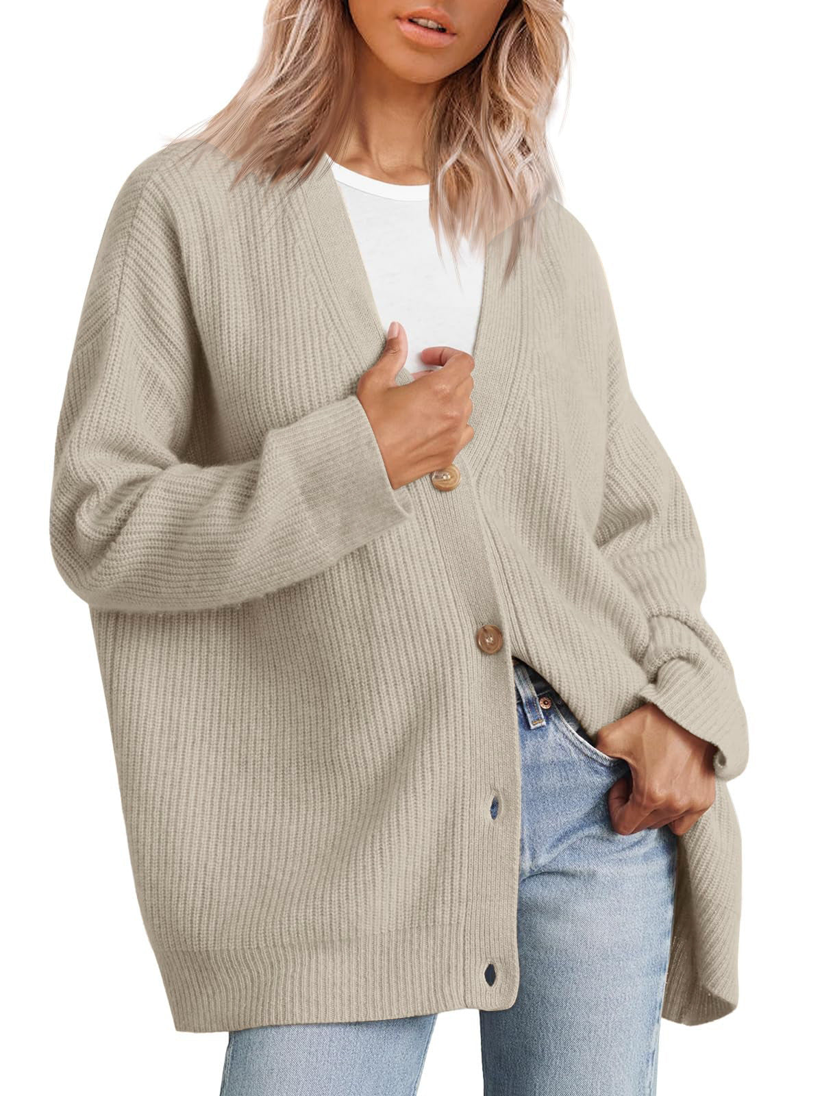 Women's striped button-down cardigan, chic layering piece with bold contemporary stripe pattern