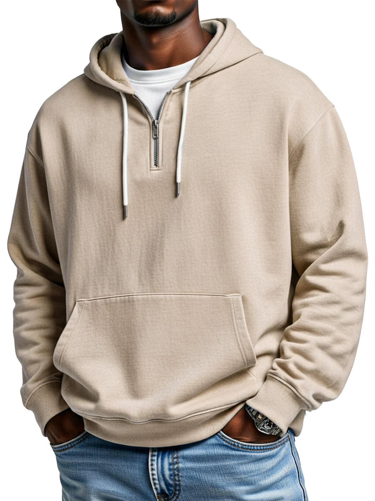 Men's relaxed fit cotton blend hoodie with quarter zip closure and kangaroo pocket for casual wear