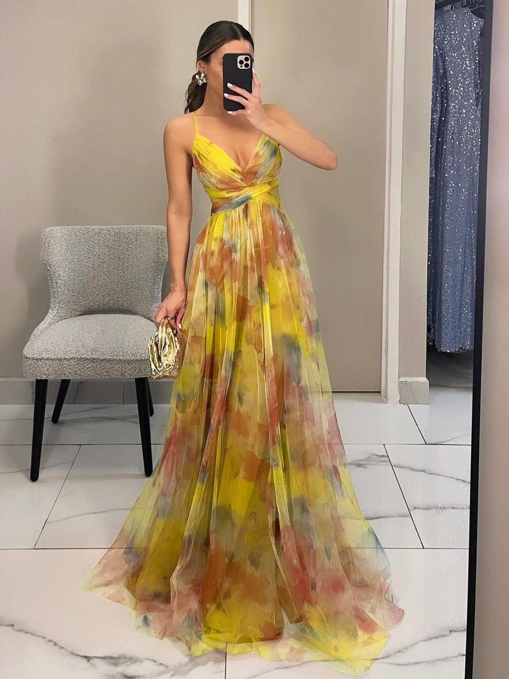 Floral painted tulle maxi dress women elegant V-neck A-line sleeveless ankle-length party gown