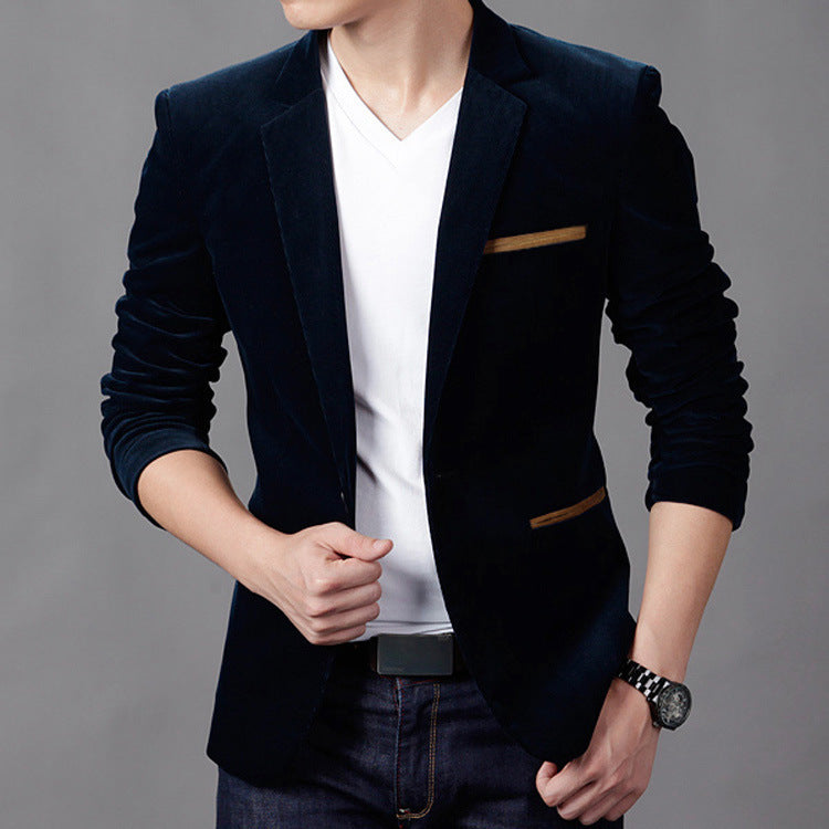 Men's brown corduroy slim fit blazer with notched lapel, refined texture for modern style