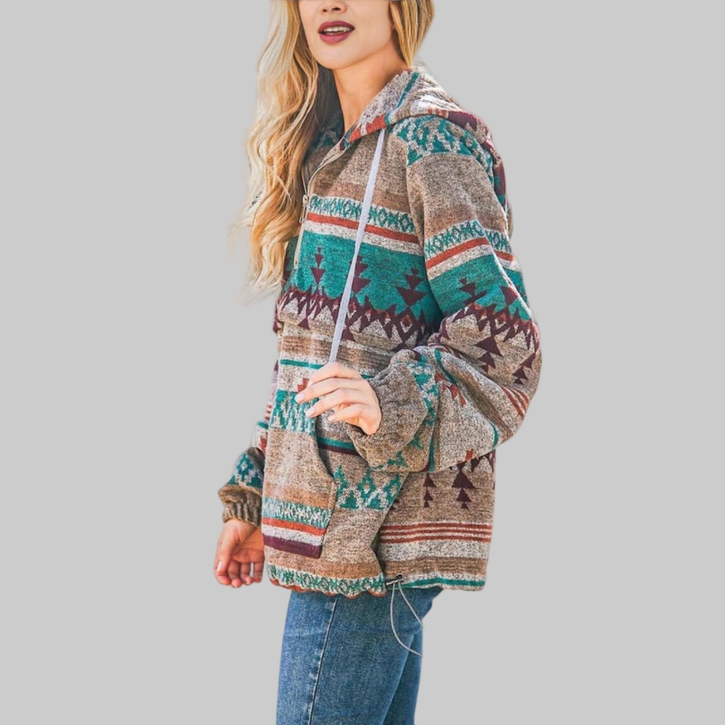 Women's colorful boho print half-zip hoodie cozy layering essential with adjustable neckline