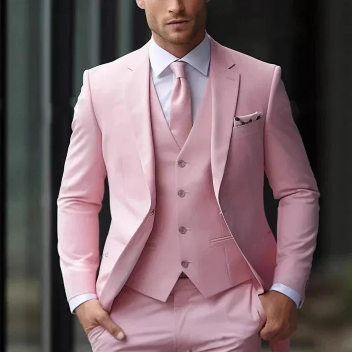 Men's slim fit three-piece wedding suit with vest and trousers, classic formal style for groomsmen
