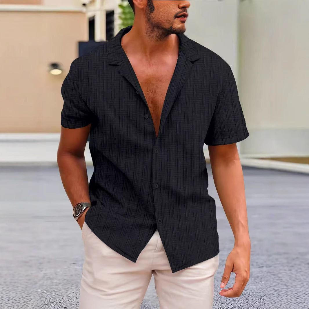 Men's cotton linen blend short sleeve shirt classic fit breathable button closure casual style