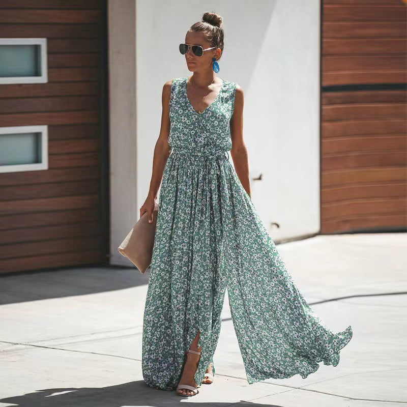 Women's floral maxi dress sleeveless deep V-neck tie waist light breathable cotton loose fit