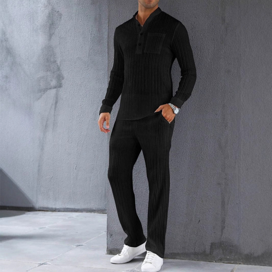 Men's white ribbed two-piece slim fit shirt and pants set lightweight breathable comfort