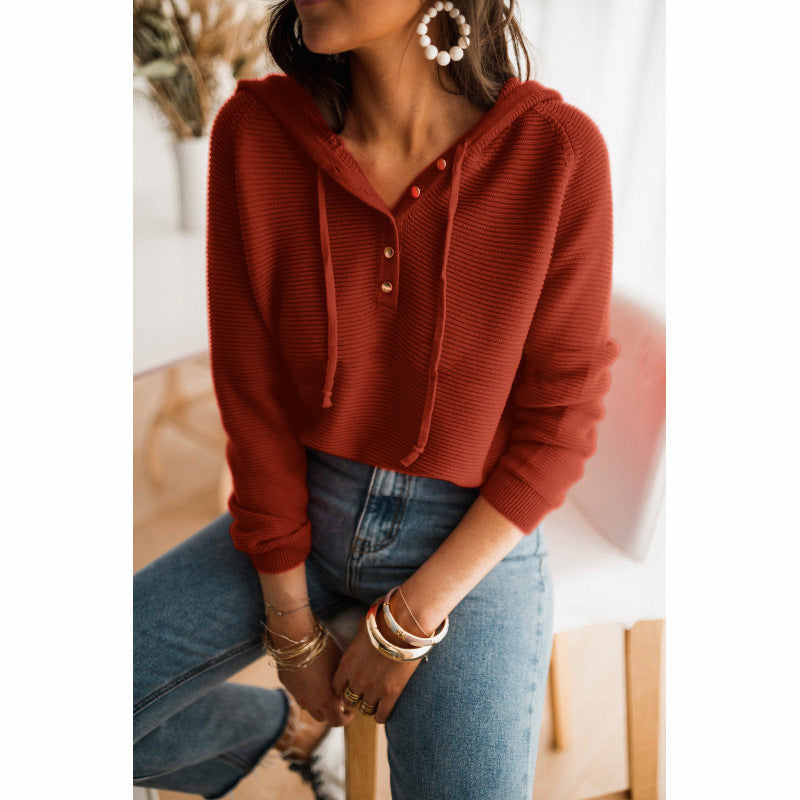 Women's cropped hoodie relaxed fit knit texture button front drawstring hood casual chic spring layer