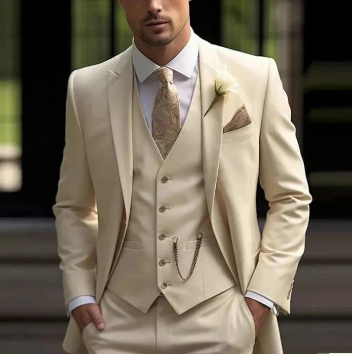Men's slim fit three-piece wedding suit with vest and trousers, classic formal style for groomsmen