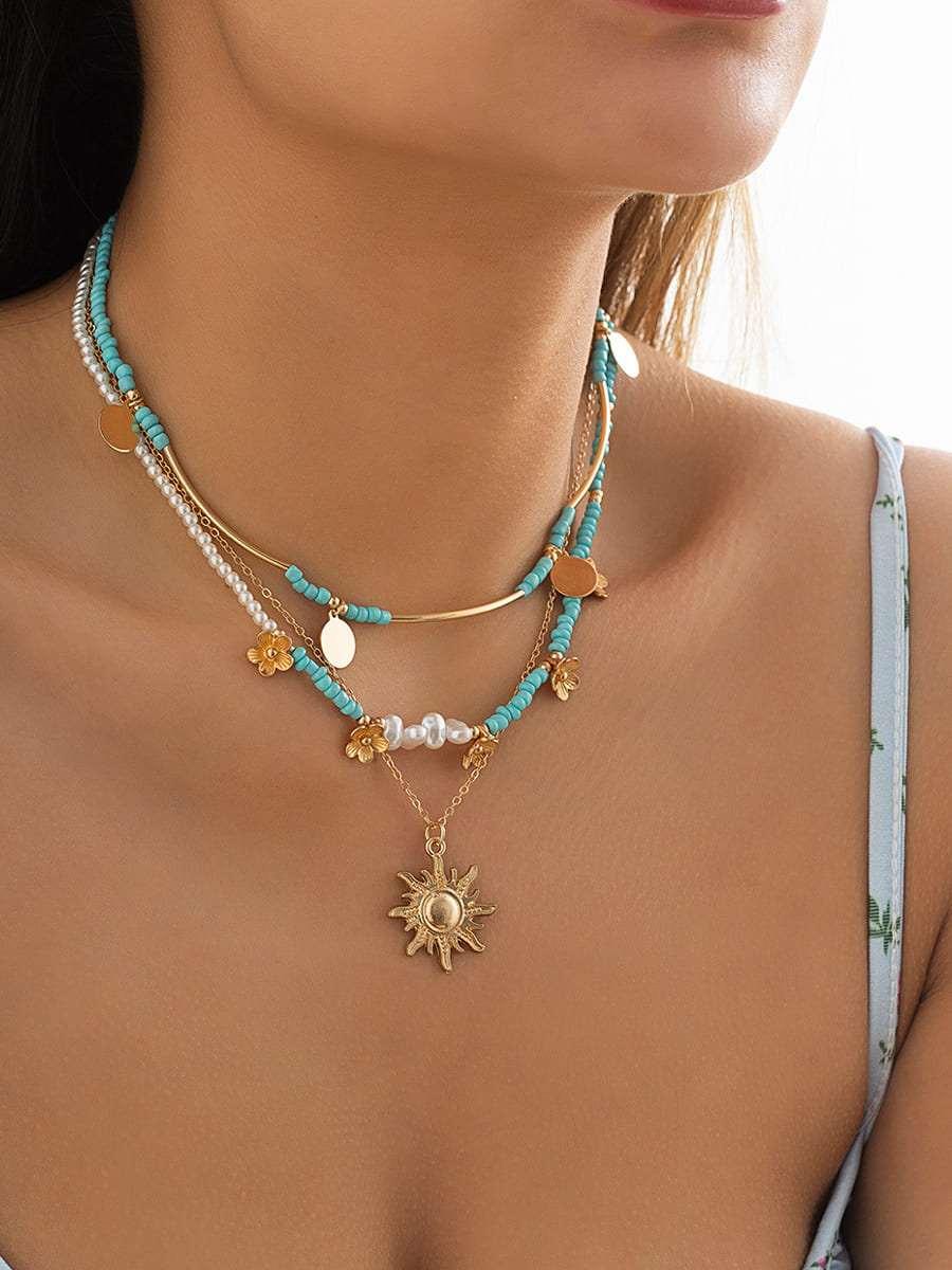 3pcs Sun & Floral Faux Pearl Beaded Necklace - Urbann-Vibe