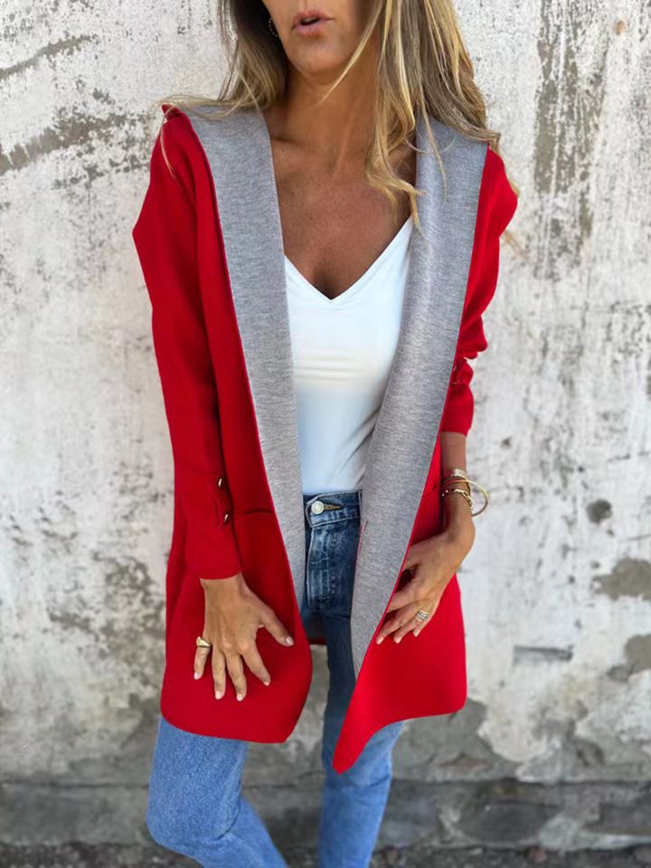 Women's soft knit hooded longline cardigan relaxed fit cozy everyday layering essential