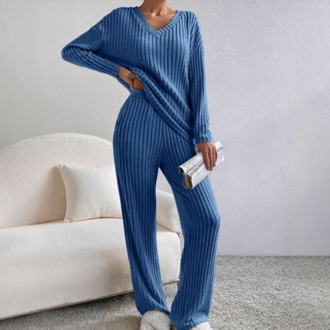 Women's ribbed V-neck top and straight-leg pants set in coordinated cotton knit for everyday style