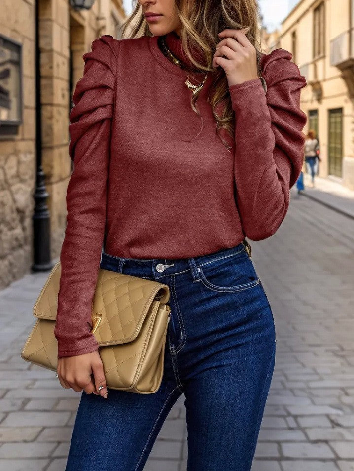 Women's soft knit sweater regular fit crew neck with puff sleeves casual everyday style