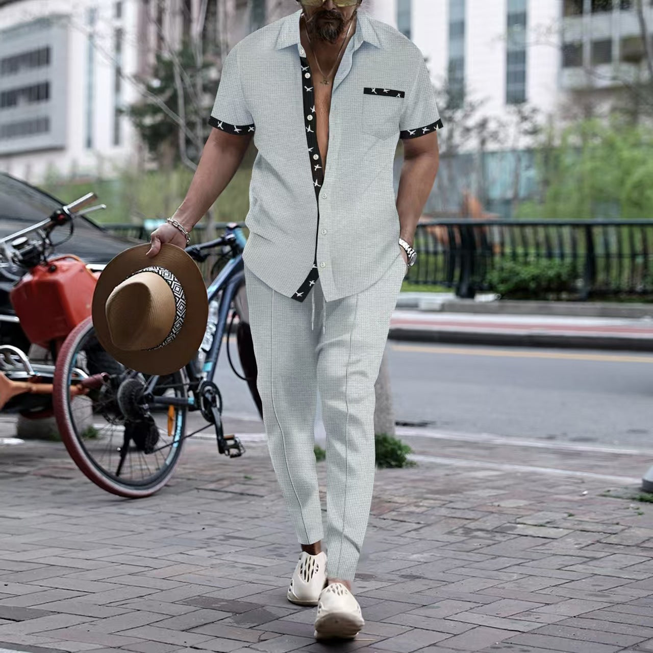 Men's relaxed fit short sleeve set with elegant trim, breathable summer style in neutral tones