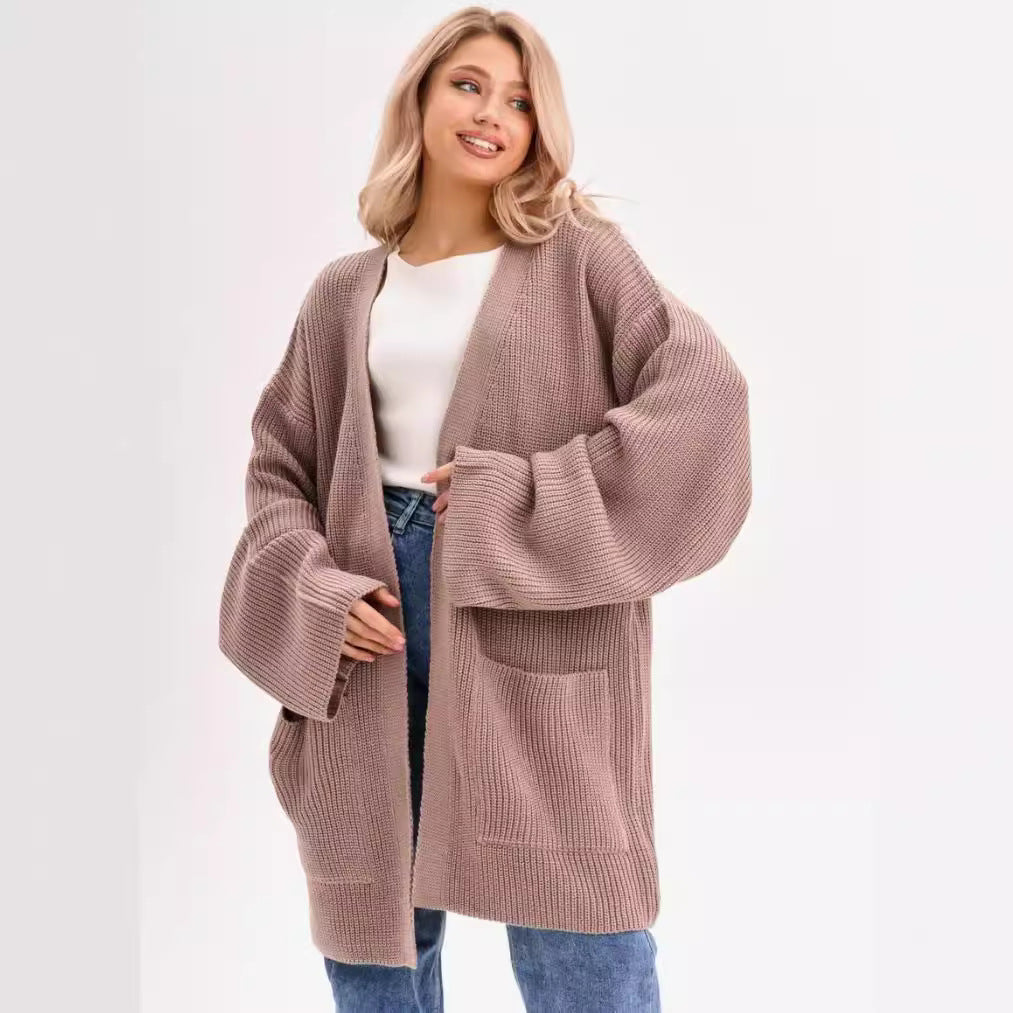 Women's oversized knit cardigan cozy chic essential with pockets, soft fiber blend layering piece