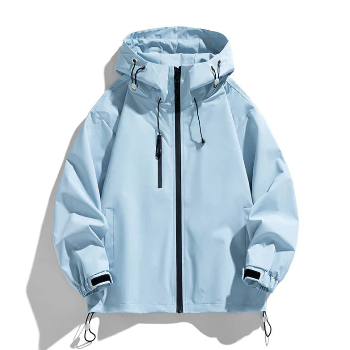 Men's hooded winter ski jacket with zipper, structured fit, versatile for slopes and city wear