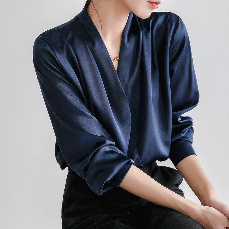 Ava slim-fit satin blouse in elegant V-neck style with fluid drape for executive women