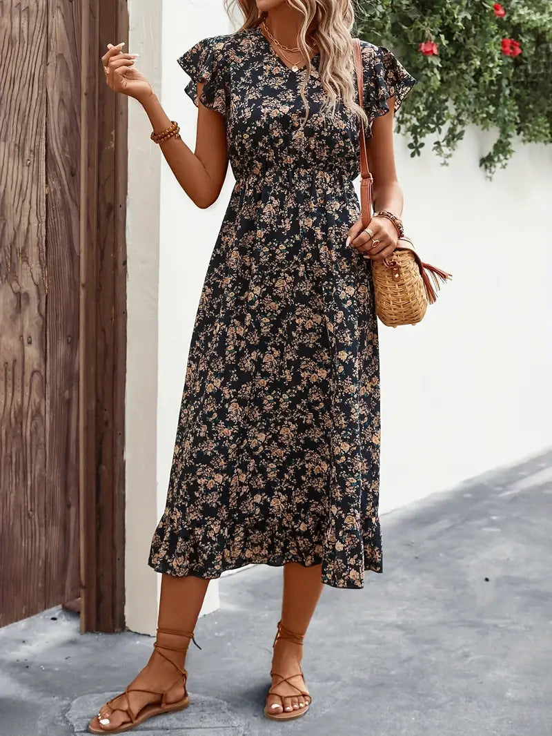 Women's cotton blend midi dress with V-neck, ruched waist, ruffle sleeves, and floral print casual style
