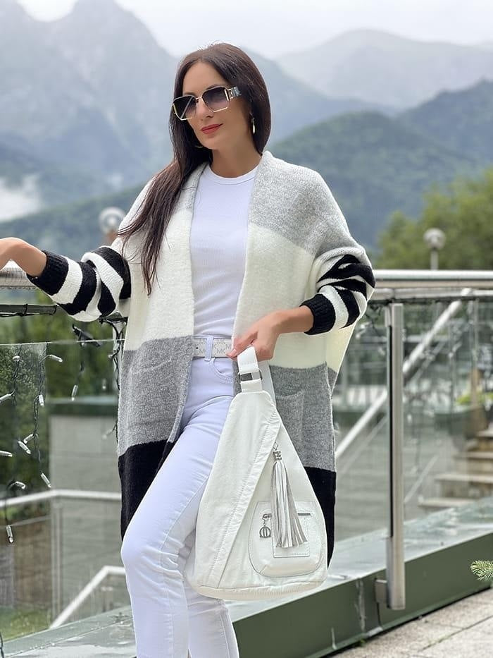Women's oversized longline open-front knit cardigan with cozy block stripes for relaxed layering