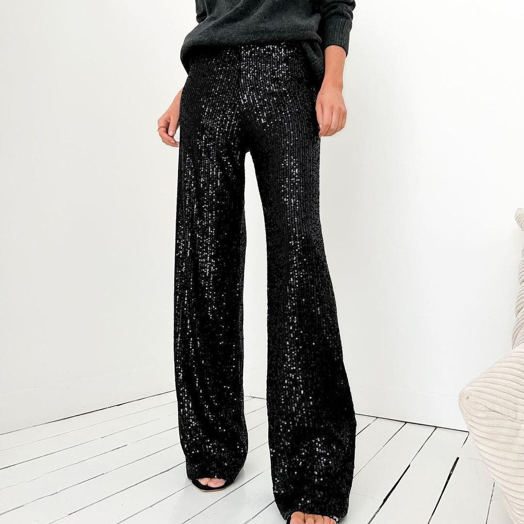 Women's full-length sequin straight-leg pants relaxed fit shimmering evening party glamour
