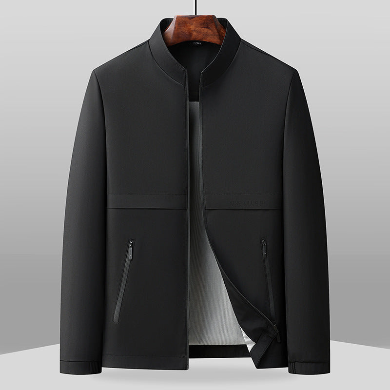 Men's regular fit jacket with band collar, full-zip closure, and side pockets in a clean urban style