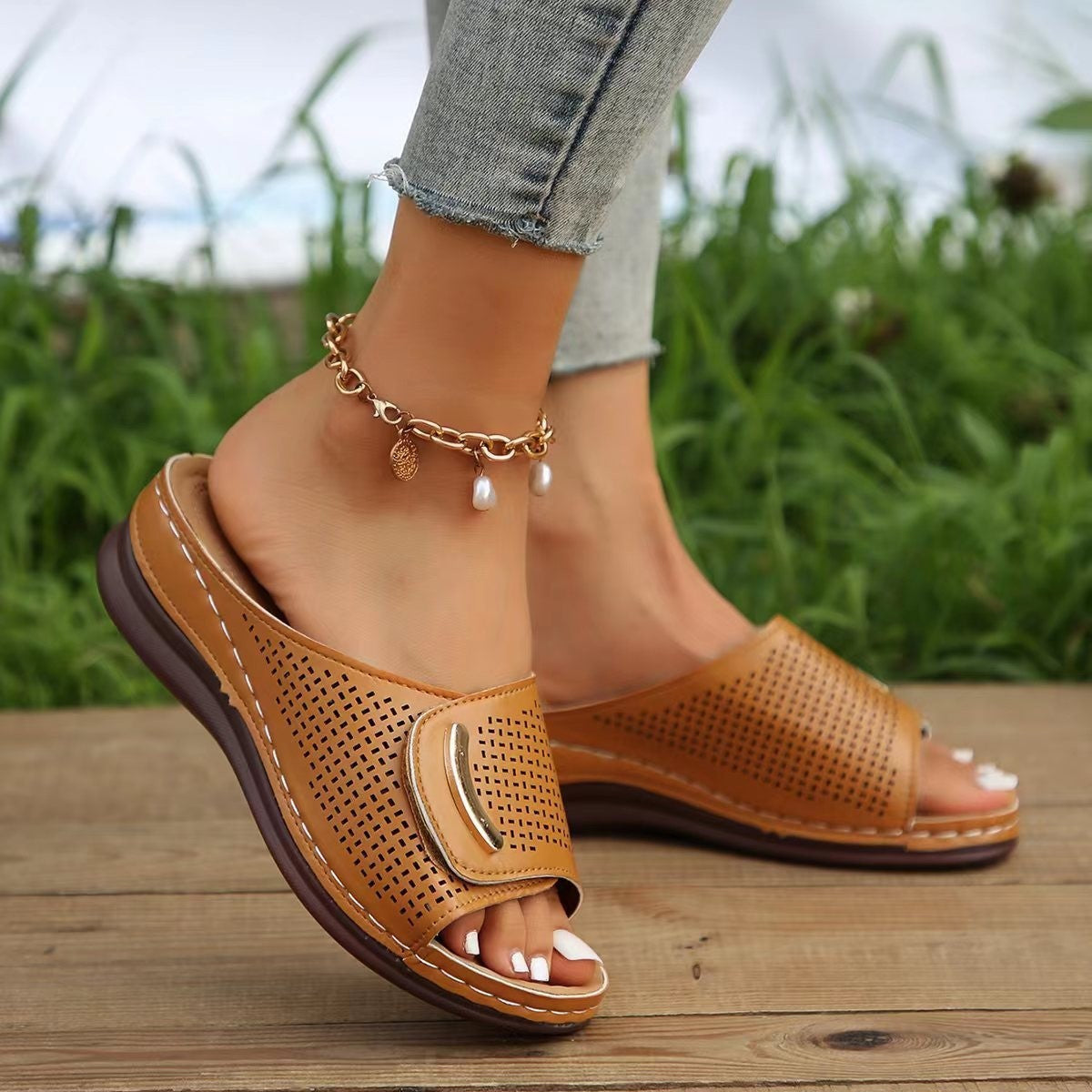 Women's slip-on wedge sandals perforated PU leather strap neutral tone everyday comfort footwear