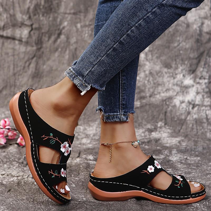 Women's beige orthopedic open-toe sandals with vintage floral embroidery and triple arch support