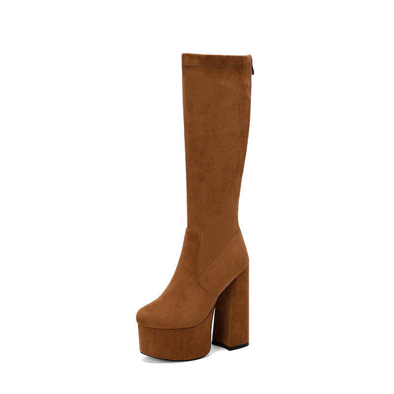 Women's knee-high suede PU leather boots tailored fit chic chunky platform heel back zipper