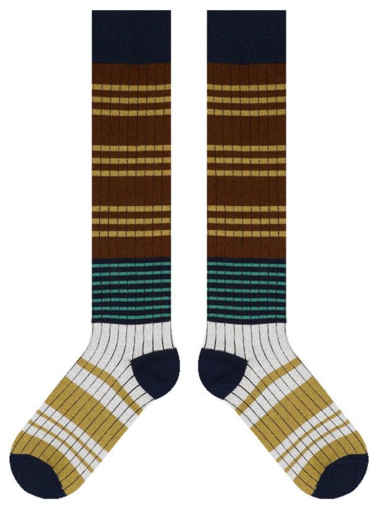 Women's striped knee-high socks in multicolor retro-chic design, breathable premium cotton everyday wear