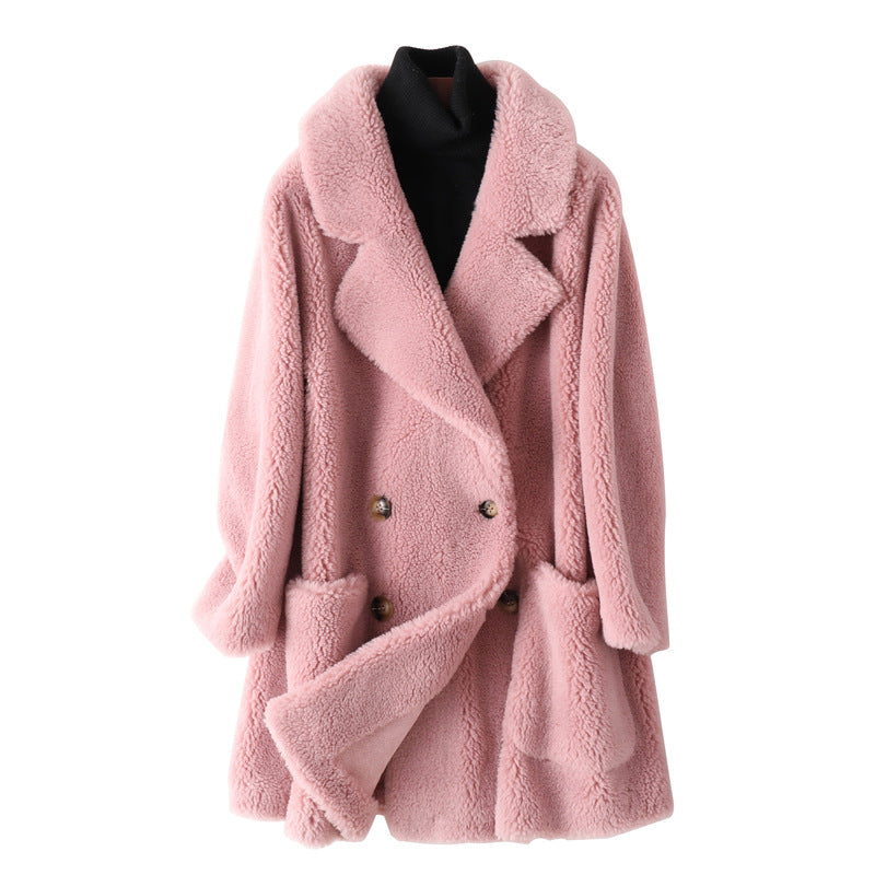Women's camel teddy coat double-breasted faux fur plush mid-thigh length cozy winter outerwear