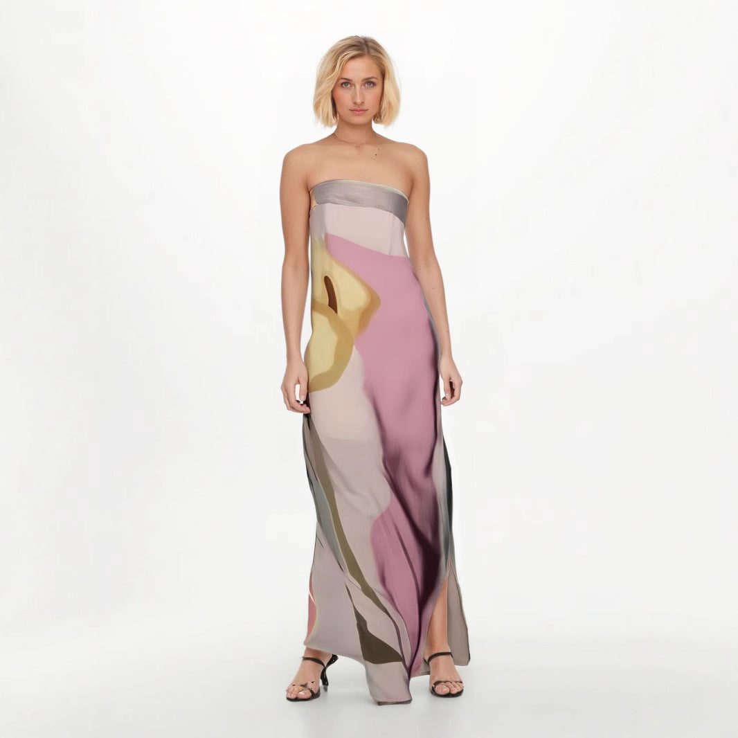 Women's strapless midi dress flowing silhouette bold abstract pattern lightweight breathable warm-weather style