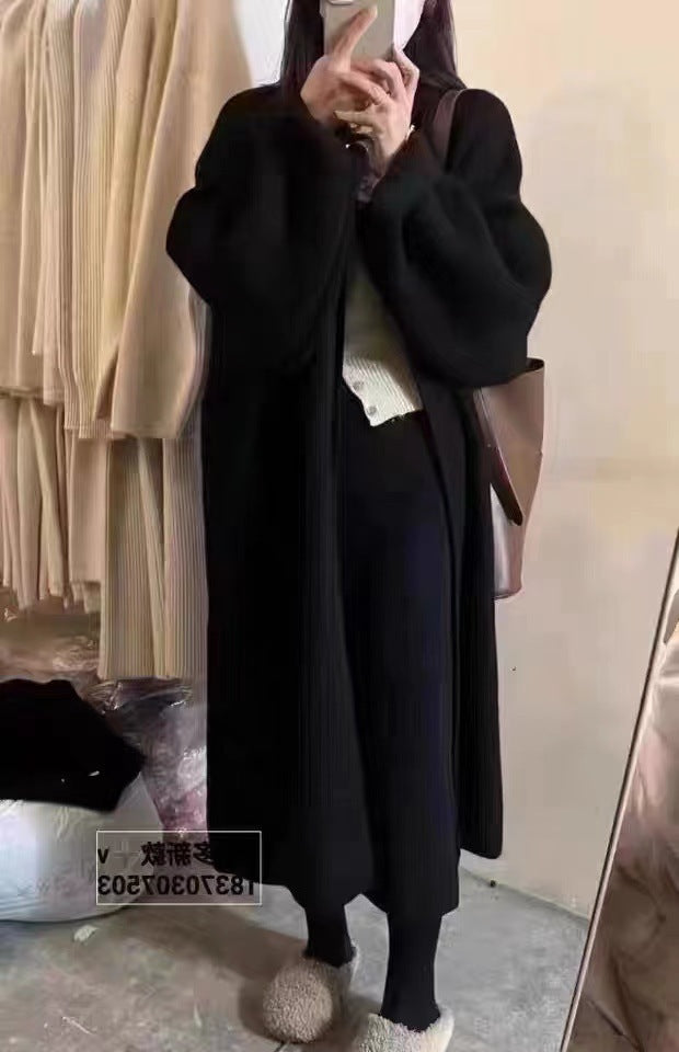 Women's oversized full-length wool knit cardigan coat with draped open front for effortless layering