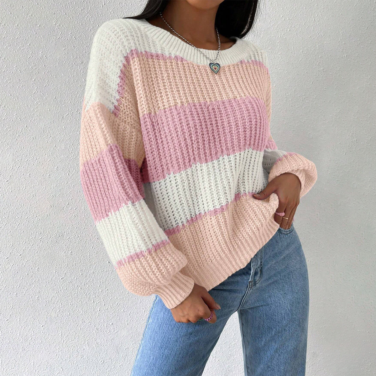 Women's striped knit pullover sweater in classic cozy fit, soft breathable fabric for everyday layering