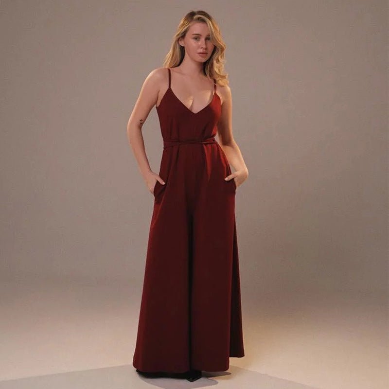 Women's linen blend loose fit sleeveless jumpsuit, V-neck, wide legs, tie belt, casual summer style