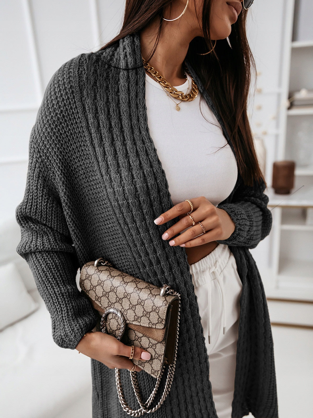 Women's long open-front ribbed knit cardigan relaxed fit neutral everyday layering piece