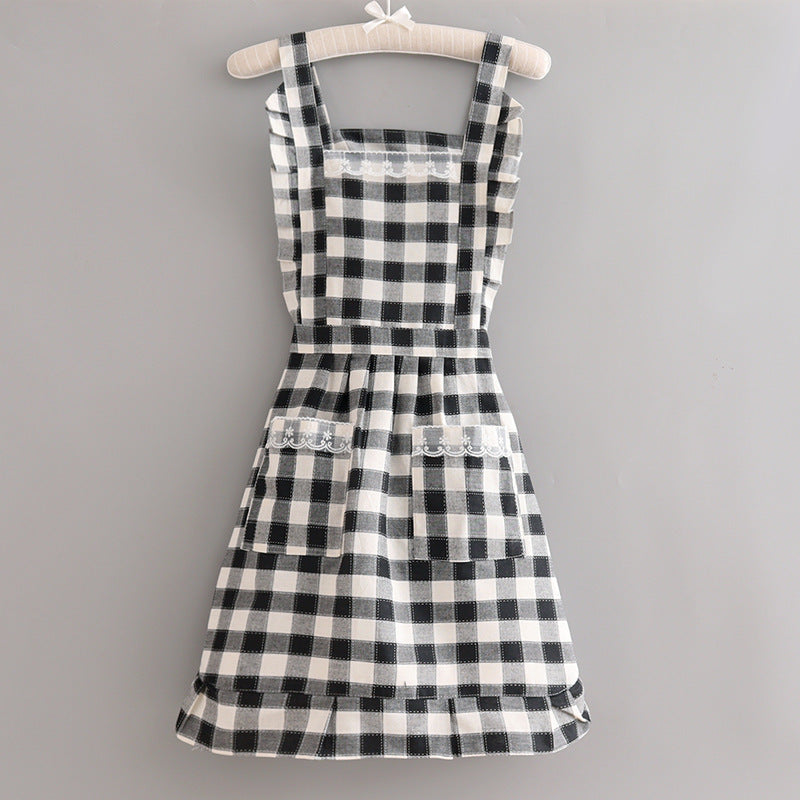 Cream farmhouse cotton apron with ruffled straps, rustic country style for home cooks