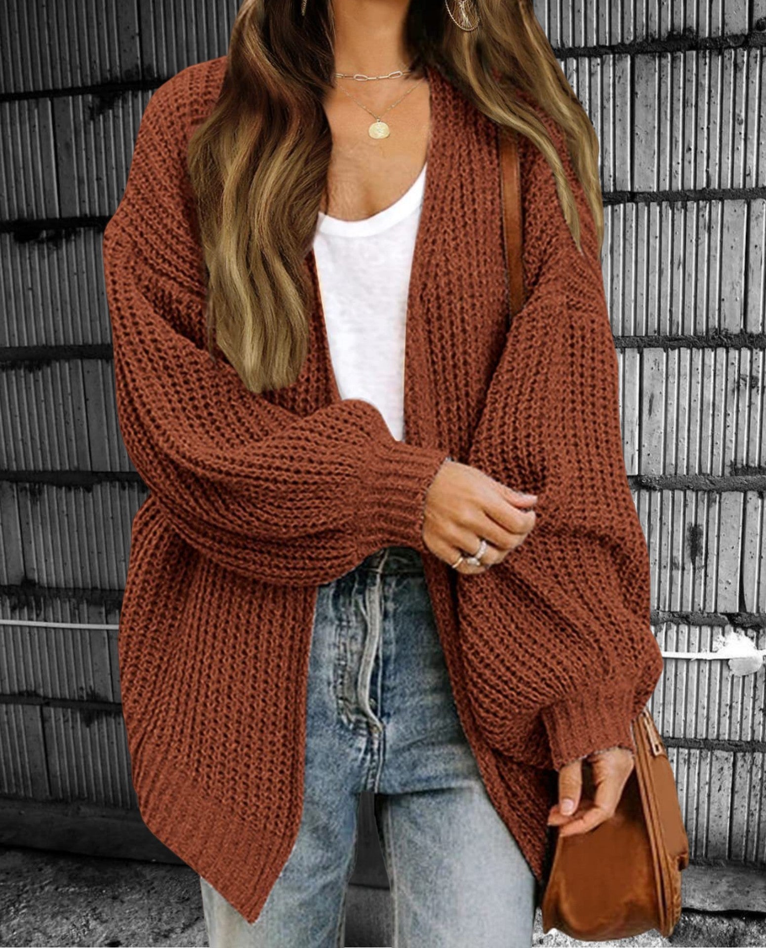 Women's chunky knit oversized open-front cardigan in cozy neutral tones for casual fall layering