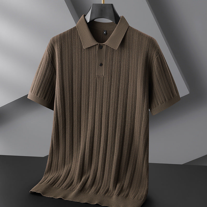 Men's slim fit knit polo shirt classic collar textured breathable cotton blend casual style