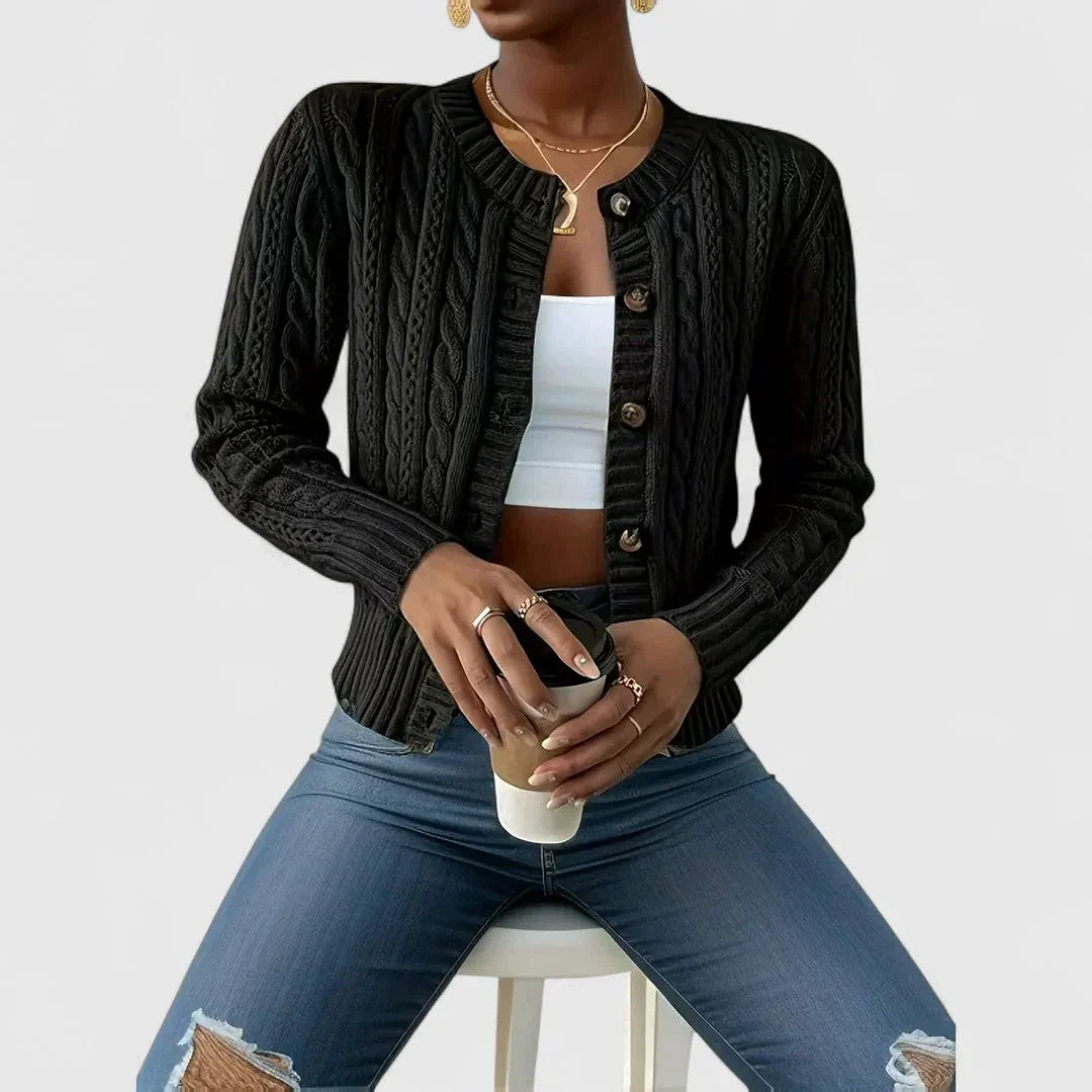 Women's cozy cable knit cardigan relaxed fit ribbed trim button front eyelet detail