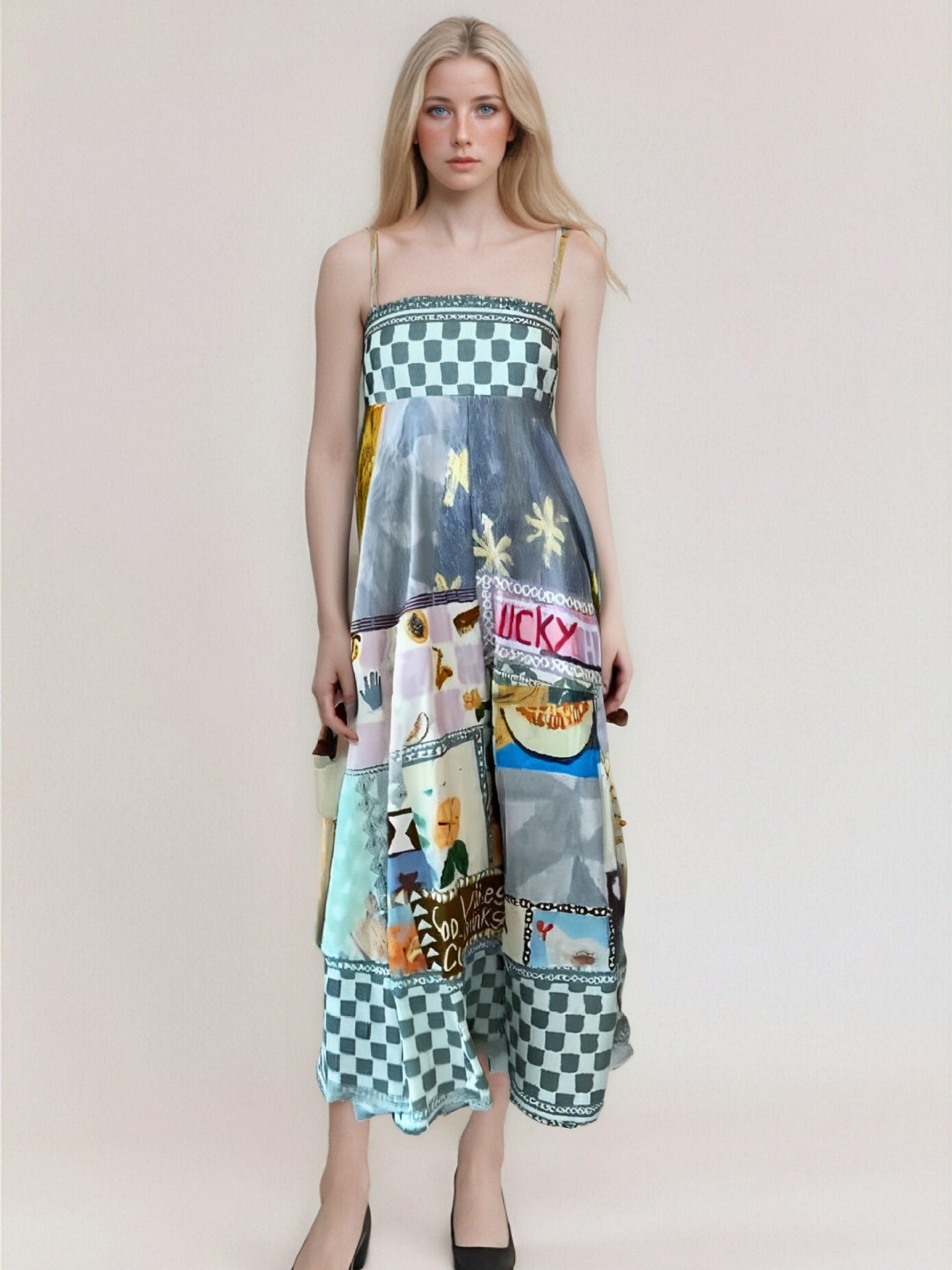 Women's strapless high-waist flowy maxi dress abstract print vacation style