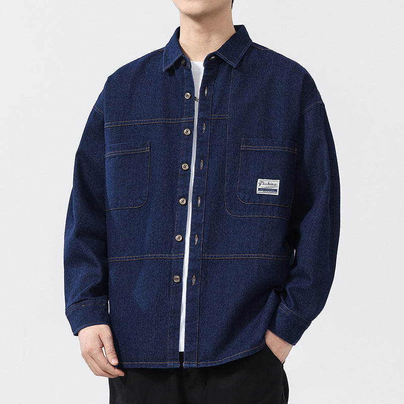 Men's oversized blue denim shirt relaxed fit with patch pockets mid-weight breathable cotton