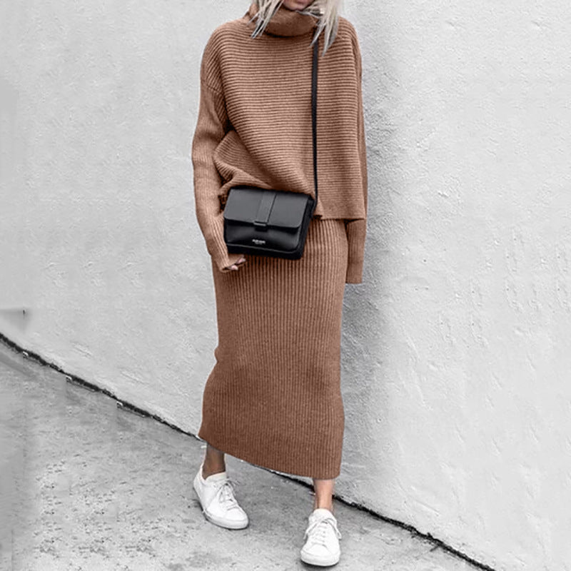Women's beige cozy pullover and ribbed skirt two-piece lounge set with relaxed silhouette