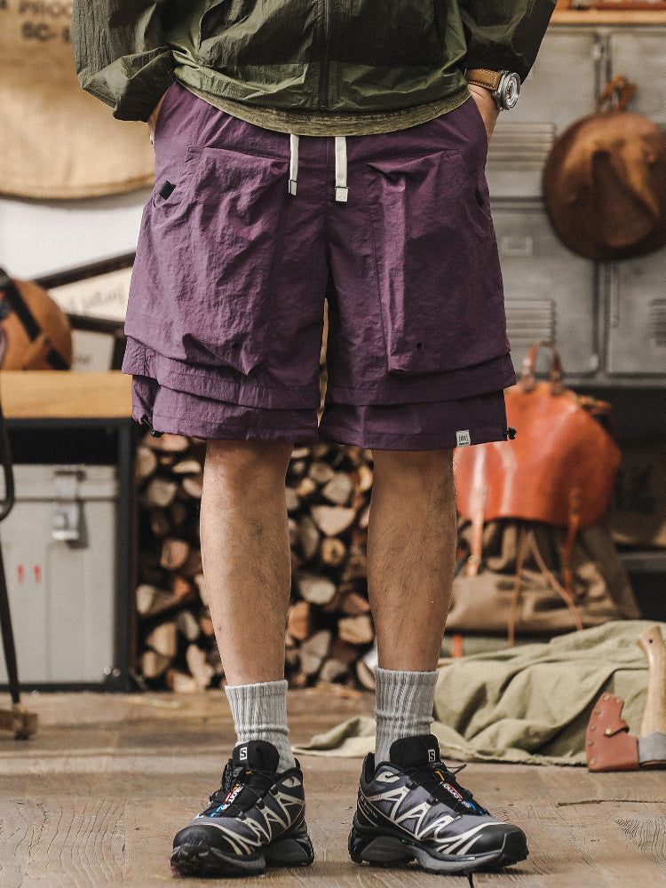 Men's khaki relaxed-fit cargo shorts with quick-dry fabric and adjustable waist for outdoor use