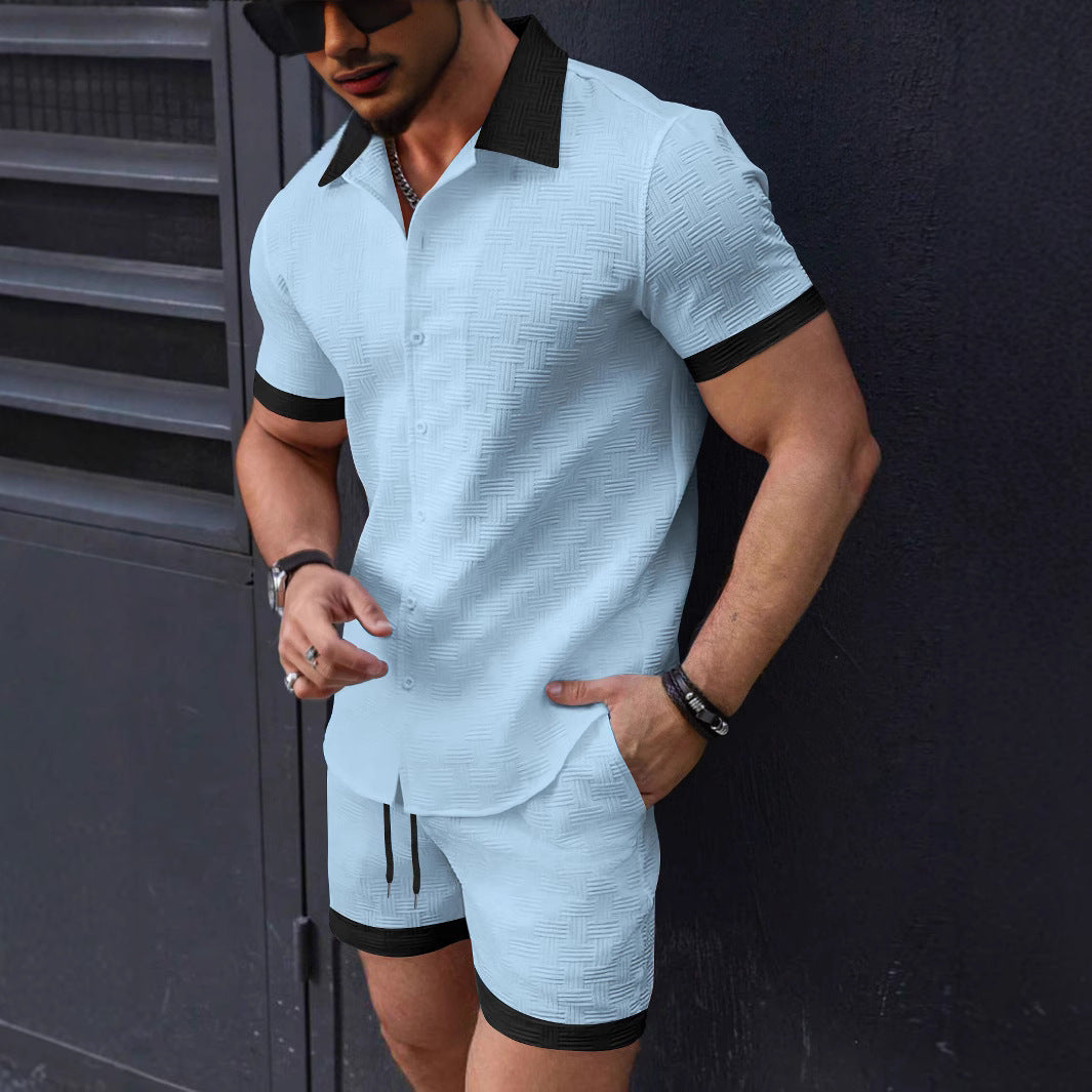 Men's jacquard texture shirt and shorts set with lapel collar and drawstring waist relaxed fit