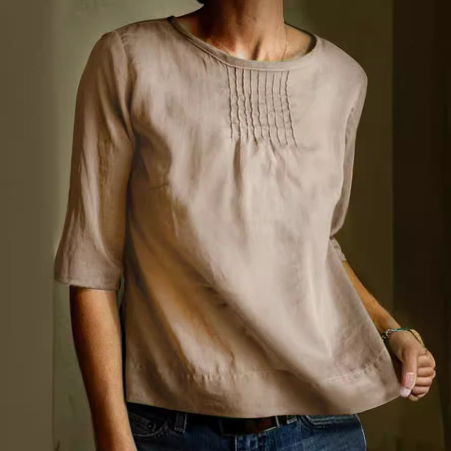Women's cotton linen blouse loose fit three quarter sleeve pleated front summer top