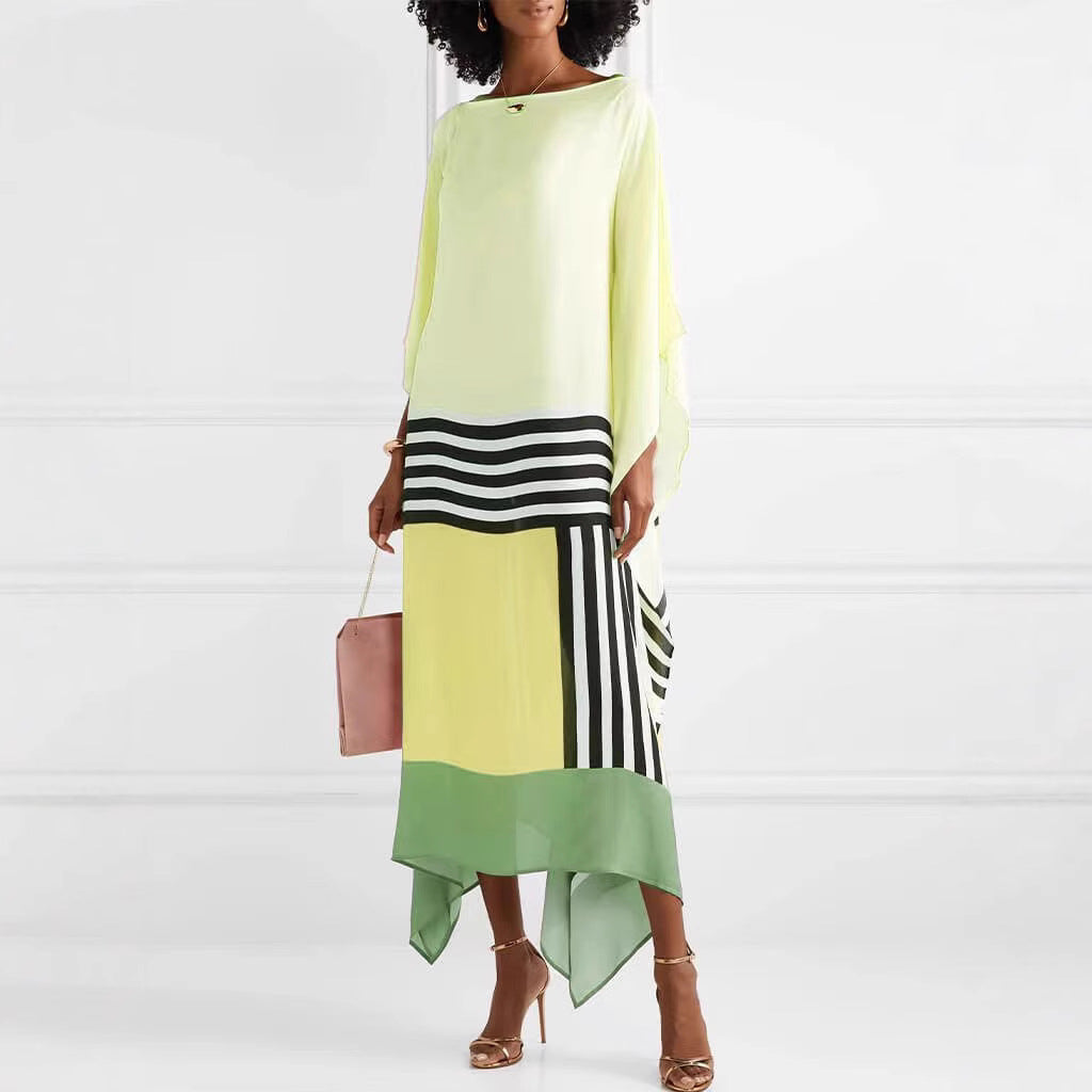 Women's striped one-shoulder maxi dress loose fit asymmetric hem chic versatile style