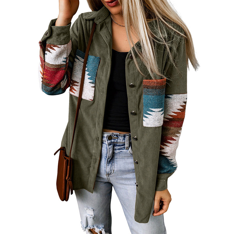 Women's corduroy cardigan jacket relaxed fit with Aztec pattern button closure cozy layering piece