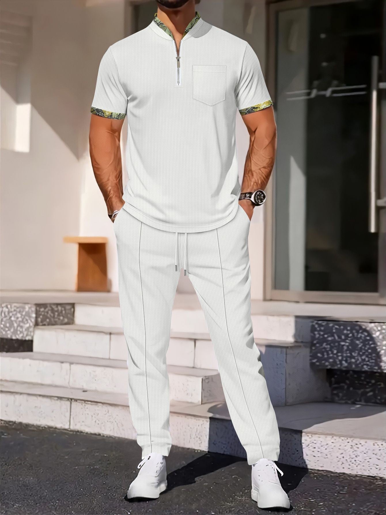 Men's slim fit two-piece set breathable fabric zipper neck chest pocket coordinated top and pants