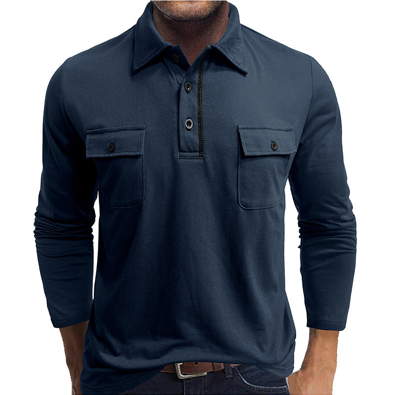 Men's long sleeve polo shirt regular fit breathable two chest pockets casual versatile top