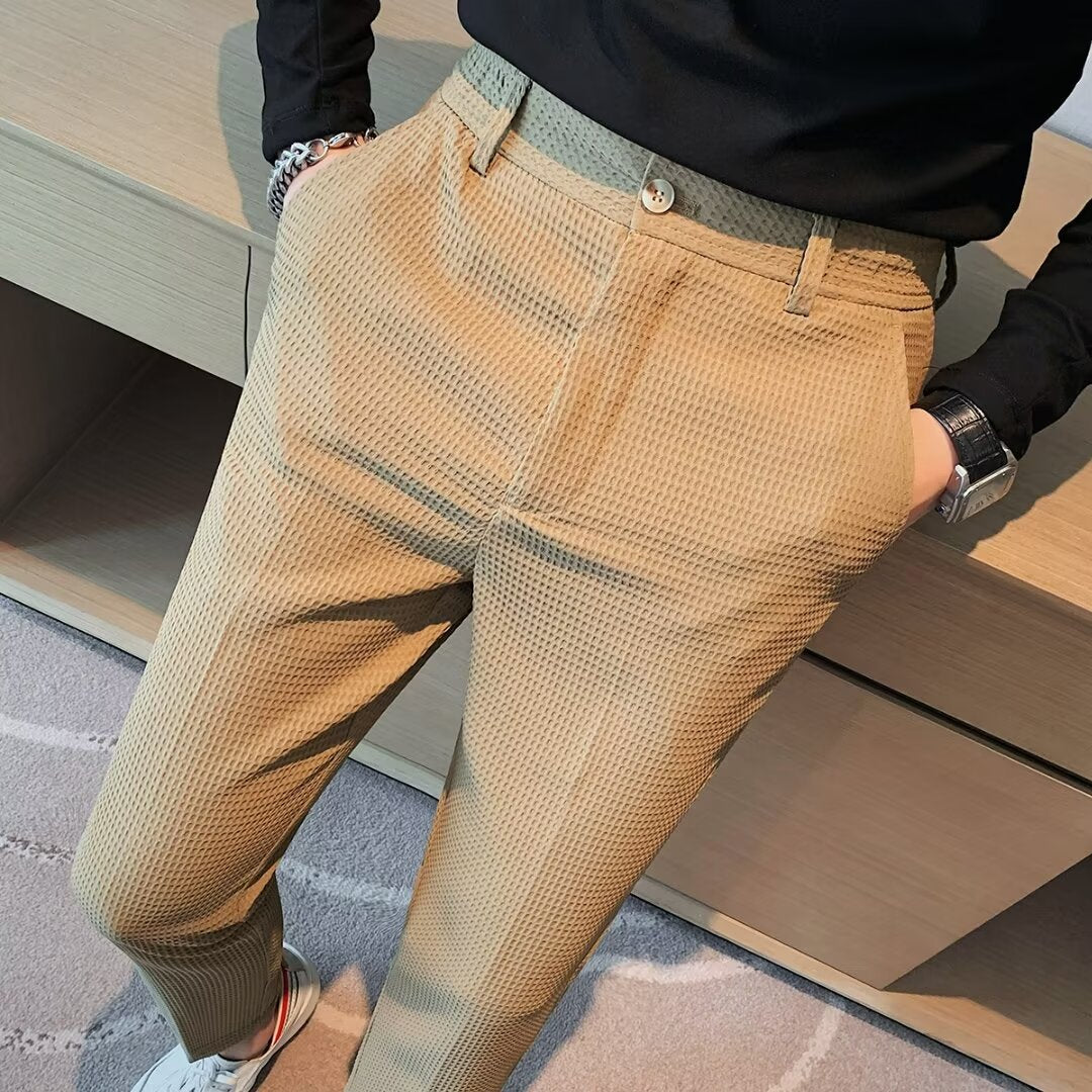 Men's cropped slim trousers textured lightweight cotton blend tapered ankle cut modern silhouette