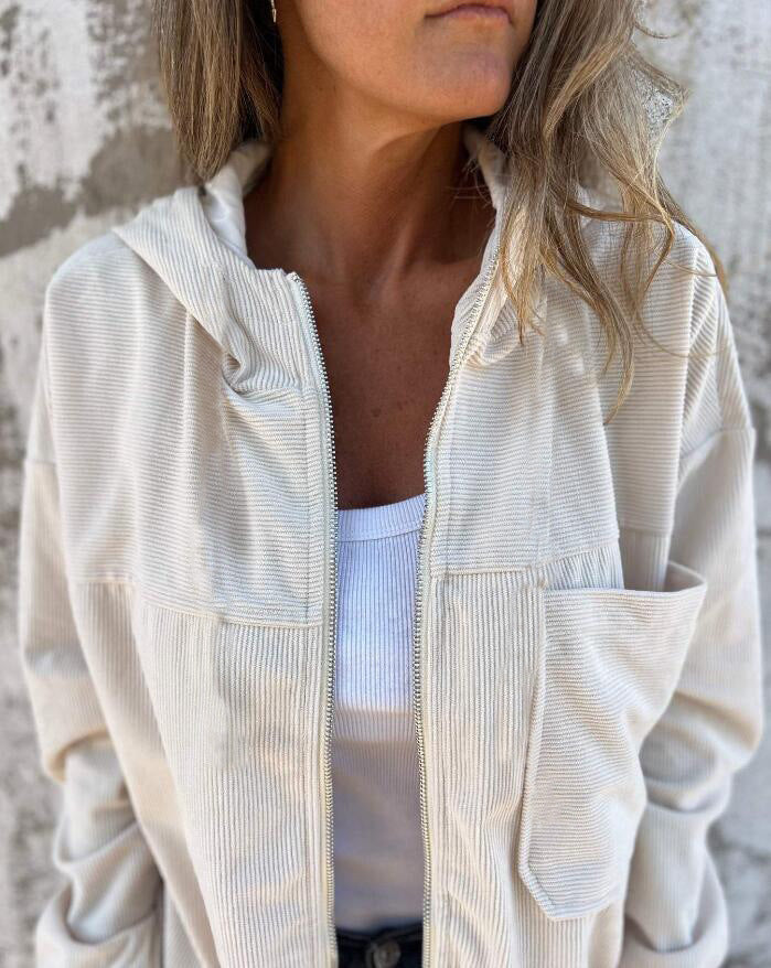 Women's corduroy hooded zip-up jacket casual loose fit streetwear with soft textured fabric
