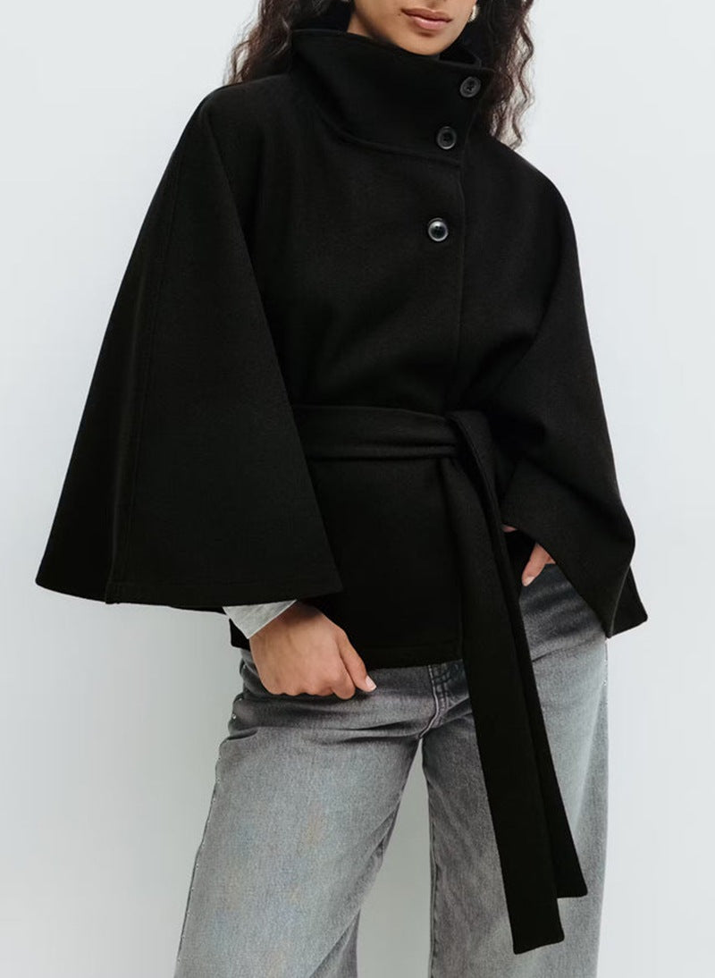 Women's wool belted cape jacket high neck loose fit button front chic fall outerwear